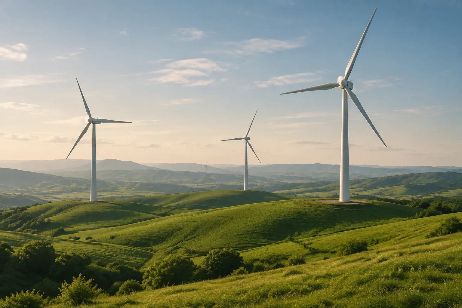Illustrative wind turbines across green rolling hills