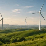 Illustrative wind turbines on green hills