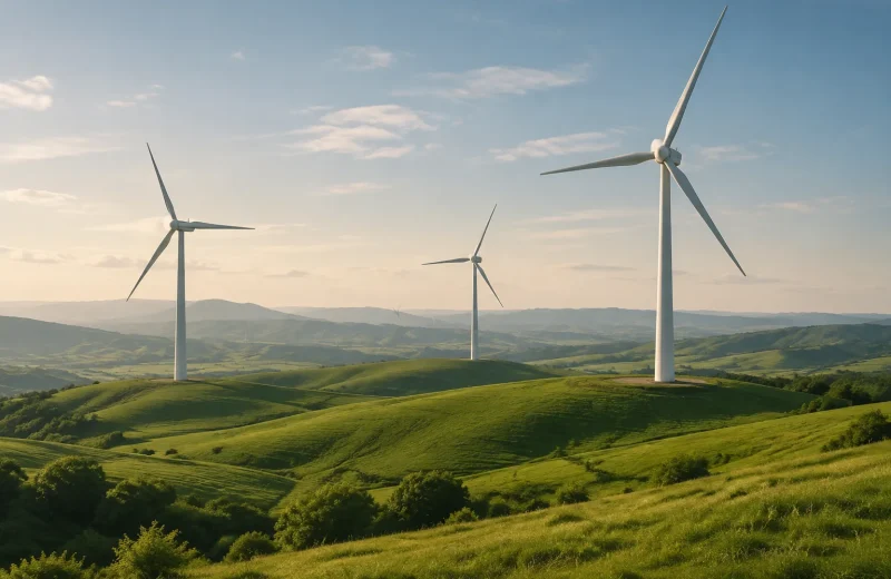 Illustrative wind turbines on green hills